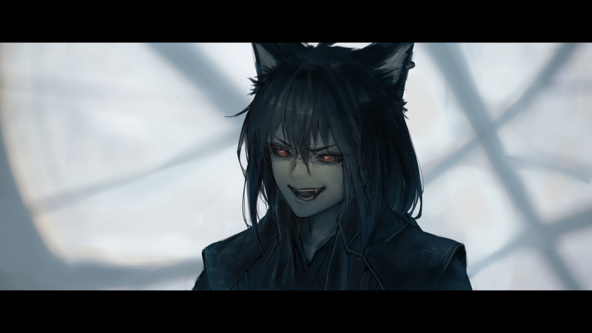 1girl absurdres animal_ears black_hair braid doctor_strange_(series) fake_screenshot fangs fox_ears fox_girl highres hololive hyde_(tabakko) kurokami_fubuki letterboxed open_mouth parody red_eyes side_braid smile solo virtual_youtuber