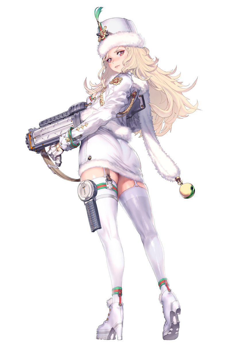 1girl absurdres ankle_boots bangs blonde_hair boots breasts commentary_request detached_sleeves from_behind full_body fur_trim garter_straps gloves goddess_of_victory:_nikke hat highres holding holding_weapon holster jacket kim_hyung_tae lips long_hair long_sleeves looking_at_viewer looking_back ludmilla_(goddess_of_victory:_nikke) official_art pantylines parted_lips project_nikke red_eyes simple_background skirt thigh-highs thigh_holster weapon white_footwear white_legwear