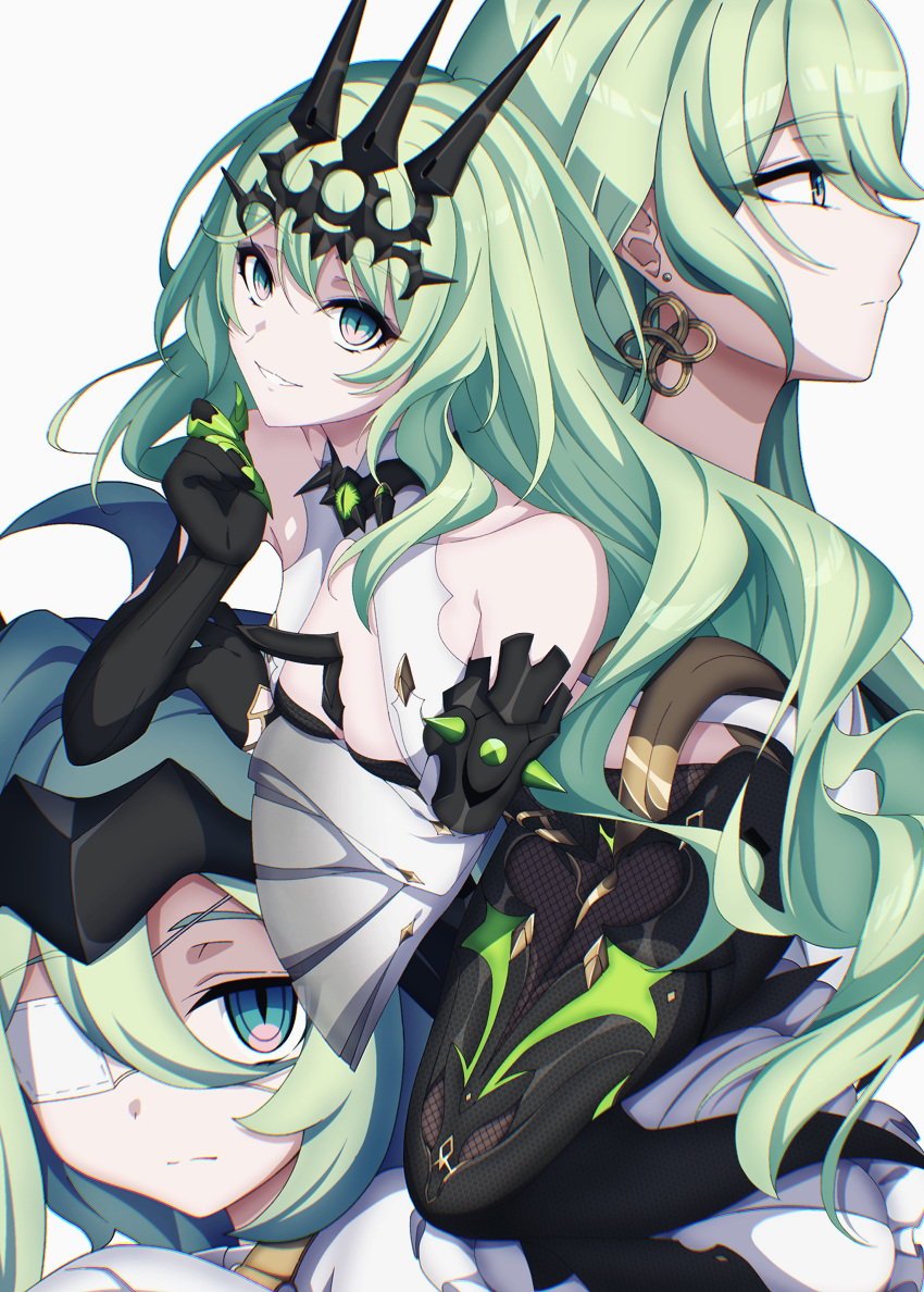 2girls absurdres asymmetrical_gloves bangs bare_shoulders black_dress chinese_wolfberry claw_ring closed_mouth crown dress dual_persona gloves green_eyes green_hair grin highres honkai_(series) honkai_impact_3rd klein_(honkai_impact) long_hair looking_at_viewer mismatched_gloves mobius_(honkai_impact) multiple_girls open_mouth simple_background single_sleeve sleeveless sleeveless_dress smile teeth white_background