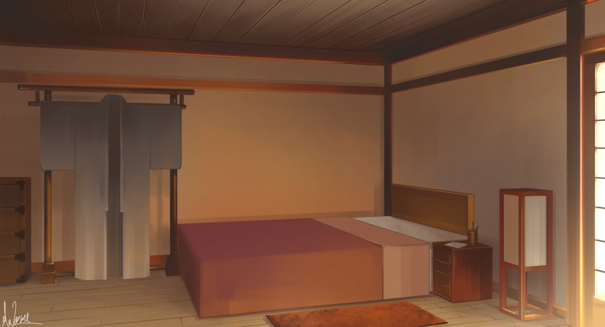 bed bedroom cabinet commentary_request hakuurei_amano highres indoors japanese_clothes kimono no_humans original scenery watermark white_kimono wooden_floor
