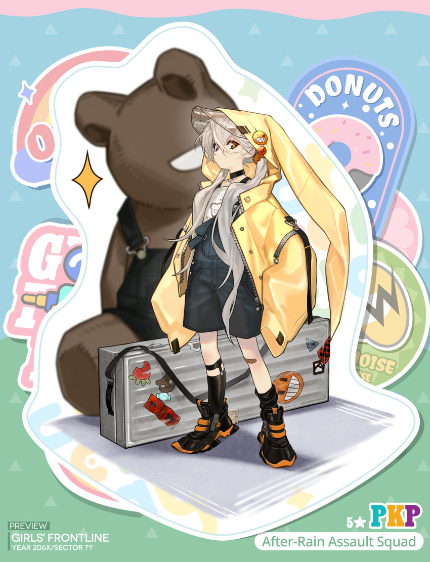 1girl artist_request black_footwear black_overalls character_name closed_mouth coat copyright_name english_commentary girls_frontline grey_hair gun_case highres hood hood_down long_hair looking_at_viewer official_alternate_costume official_art open_clothes open_coat overalls pkp_(after-rain_assault_squad)_(girls'_frontline) pkp_(girls'_frontline) promotional_art shirt shoes sleeves_past_fingers sleeves_past_wrists solo stuffed_animal stuffed_toy teddy_bear white_shirt yellow_coat yellow_eyes younger