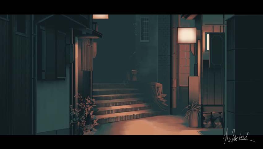 building commentary_request flower_pot hakuurei_amano highres letterboxed night no_humans original outdoors plant scenery stairs utility_pole watermark