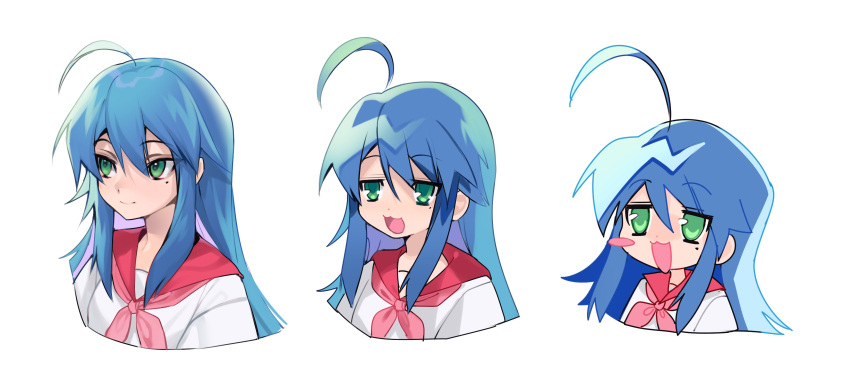 3girls absurdres ahoge blue_hair blush_stickers chibi eyebrows_visible_through_hair green_eyes highres izumi_konata long_hair lucky_star mazamuno mole mole_under_eye multiple_girls neckerchief open_mouth pink_neckerchief red_sailor_collar sailor_collar school_uniform serafuku sidelocks smile