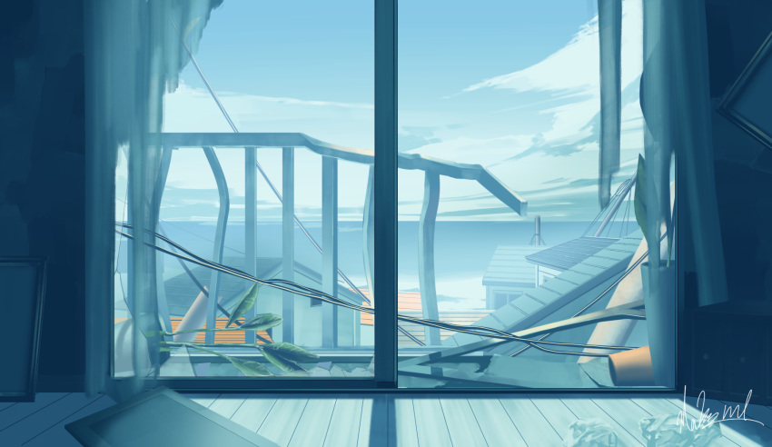 balcony blue_sky blue_theme building hakuurei_amano highres house indoors no_humans ocean original power_lines scenery sky sliding_doors utility_pole water watermark