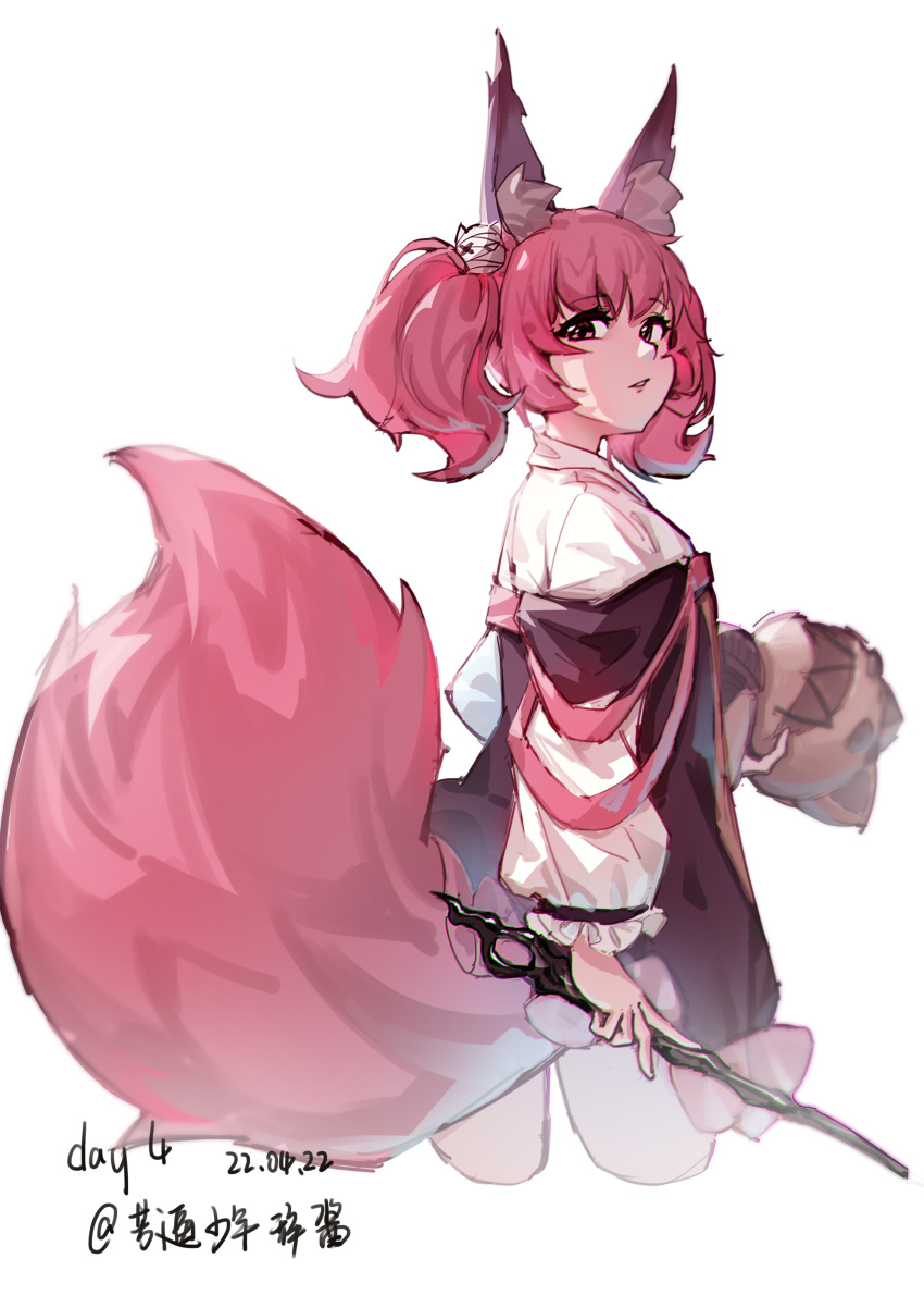 1girl absurdres animal_ear_fluff animal_ears arknights bangs black_jacket commentary_request cowboy_shot cropped_legs dated dress eyebrows_visible_through_hair from_behind highres holding jacket long_sleeves looking_at_viewer looking_back off_shoulder parted_lips pink_hair puffy_long_sleeves puffy_sleeves red_eyes shamare_(arknights) simple_background solo stuffed_animal stuffed_dog stuffed_toy su-liangci tail twintails white_background white_dress