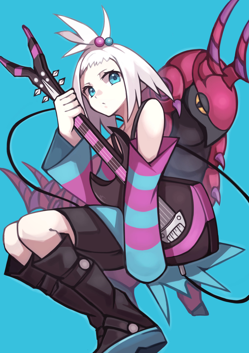 1girl absurdres bass_guitar black_footwear blue_background blue_eyes boots cable closed_mouth commentary dress eyelashes hair_bobbles hair_ornament highres holding holding_instrument instrument looking_at_viewer nana_kamiii platform_boots pokemon pokemon_(creature) pokemon_(game) pokemon_bw2 roxie_(pokemon) scolipede simple_background spiky_hair striped striped_dress topknot two-tone_dress white_hair