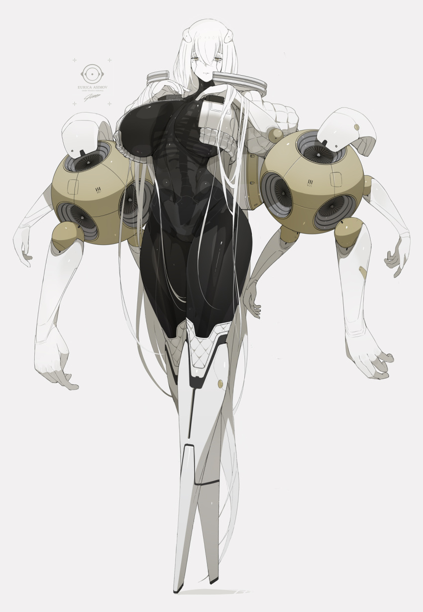 1girl alternate_height android black_skin breasts colored_skin eurica_(ub1mo) extra_arms highres joints large_breasts long_hair looking_at_viewer multicolored_skin no_feet original robot_joints skeleton solo translucent_skin two-tone_skin ub1mo white_hair white_skin yellow_eyes