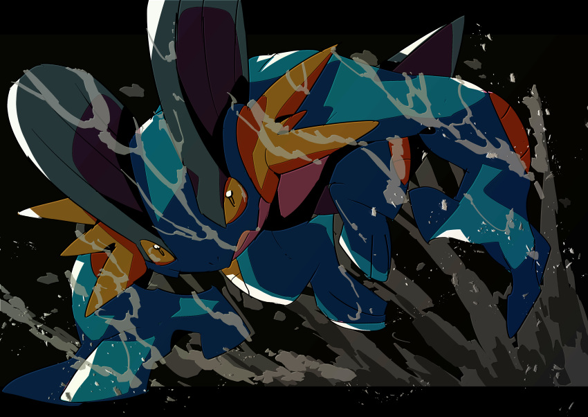 45_(maruyaki45) absurdres animal_focus black_background commentary_request fang highres looking_at_viewer no_humans orange_eyes pokemon pokemon_(creature) skin_fang solo spikes swampert water