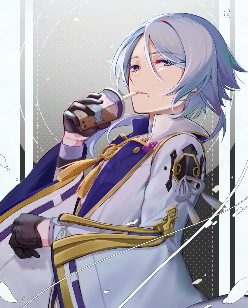 1boy absurdres amatou_cacao black_gloves blue_eyes blue_hair bubble_tea cup drinking_straw genshin_impact gloves hair_between_eyes highres holding holding_cup kamisato_ayato light_blue_hair long_hair long_sleeves looking_at_viewer male_focus mole mole_under_mouth parted_lips pink_pupils solo tassel wide_sleeves