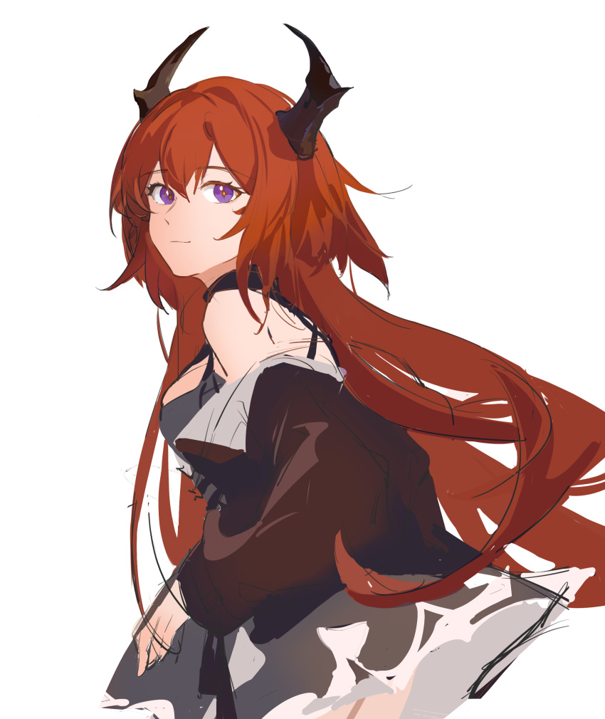 1girl 90_(37032) absurdres arknights bangs bare_shoulders black_dress black_jacket breasts closed_mouth cowboy_shot dress eyebrows_visible_through_hair from_side highres horns jacket long_hair long_sleeves looking_at_viewer looking_to_the_side medium_breasts open_clothes open_jacket redhead simple_background smile solo surtr_(arknights) very_long_hair violet_eyes white_background