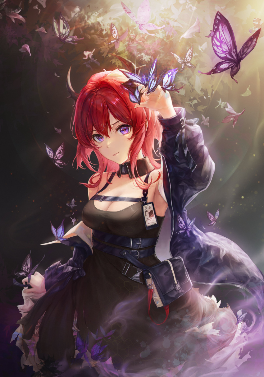 1girl absurdres arknights arm_up armpits bangs black_dress book bug butterfly closed_mouth demon_girl demon_horns detached_collar dress hair_intakes hanifani highres horns id_card jacket long_hair off_shoulder open_clothes open_jacket redhead sleeveless sleeveless_dress solo surtr_(arknights) violet_eyes