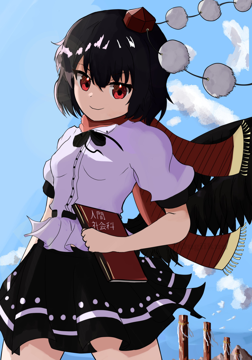 1girl absurdres black_hair black_ribbon black_skirt breasts closed_mouth clouds cloudy_sky commentary_request cowboy_shot day happy hat highres holding holding_notebook medium_breasts notebook onbashira ougiikun outdoors pom_pom_(clothes) puffy_short_sleeves puffy_sleeves red_eyes red_headwear red_scarf ribbon scarf shameimaru_aya shirt short_hair short_sleeves skirt sky smile tokin_hat touhou white_shirt