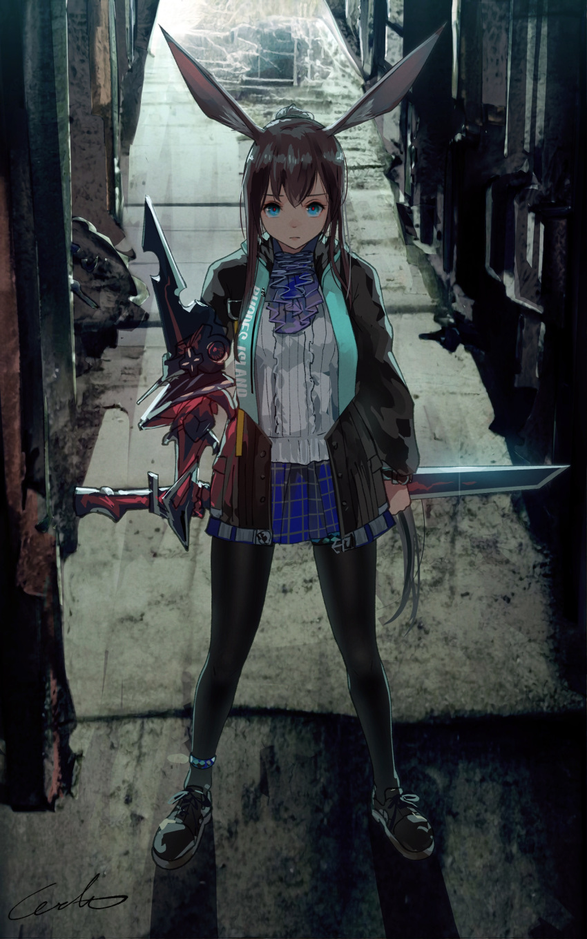 1girl absurdres amiya_(arknights) animal_ears anklet arknights ascot black_coat black_footwear black_legwear blue_ascot blue_eyes blue_skirt brown_hair center_frills closed_mouth coat commentary_request frilled_shirt frills full_body highres holding holding_sword holding_weapon jewelry long_hair long_sleeves looking_at_viewer miniskirt open_clothes open_coat pantyhose plaid plaid_skirt rabbit_ears shirt shors sidelocks signature skirt solo standing sword weapon welt_(kinsei_koutenkyoku) white_shirt