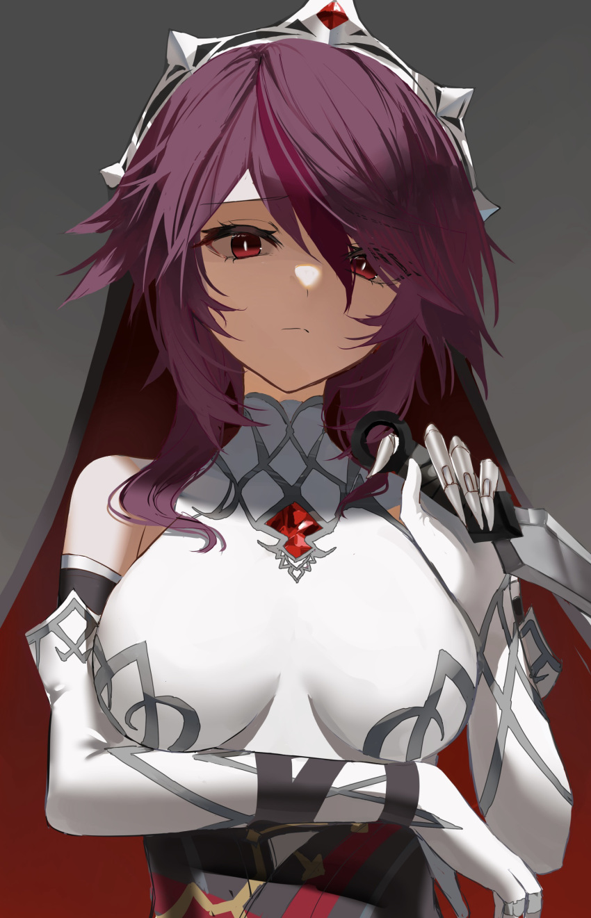 bare_shoulders breasts brooch closed_mouth elbow_gloves gem genshin_impact gloves gradient gradient_background grey_background highres holding holding_weapon impossible_clothes jewelry kunai looking_at_viewer medium_breasts multicolored_hair purple_hair raiya_atelier red_eyes rosaria_(genshin_impact) short_hair sleeveless streaked_hair two-tone_hair upper_body veil weapon white_gloves