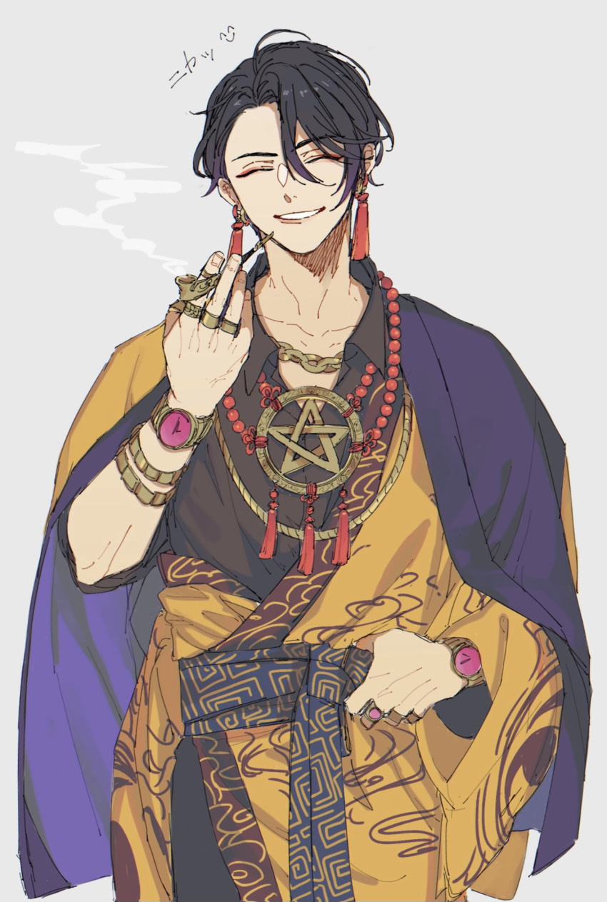 1boy black_hair bracelet butchi closed_eyes earrings grey_background highres jewelry looking_at_viewer male_focus multicolored_clothes multicolored_hair necklace open_mouth paradox_live pipe purple_hair ring short_hair smile smoke smoking solo suiseki_iori