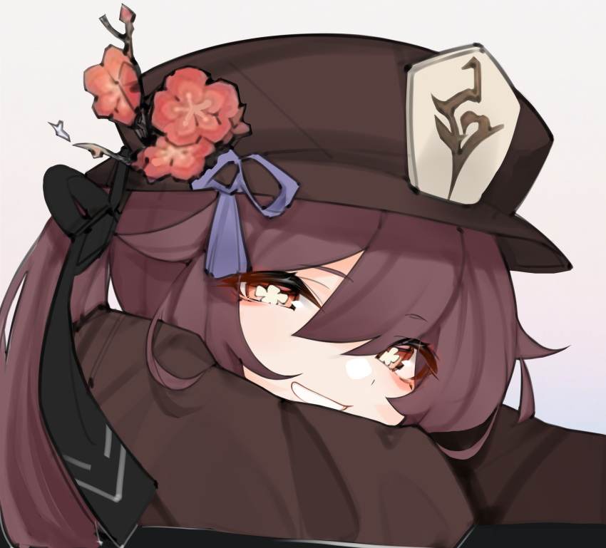 1girl absurdres bangs black_bow blush bow brown_hair brown_headwear commentary error1980 flower flower-shaped_pupils genshin_impact half-closed_eyes hat hat_bow hat_flower hat_tassel highres hu_tao_(genshin_impact) long_hair looking_at_viewer plum_blossoms porkpie_hat portrait red_eyes red_flower sidelocks smile solo symbol-shaped_pupils talisman twintails