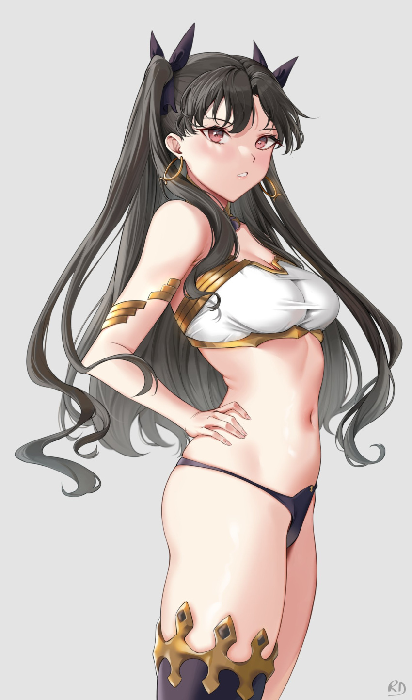 1girl armlet bangs bare_shoulders black_hair black_ribbon breasts earrings fate/grand_order fate_(series) hand_on_hip highres ishtar_(fate) jewelry long_hair medium_breasts navel red_eyes revealing_clothes ribbon ryudraw thighs two_side_up
