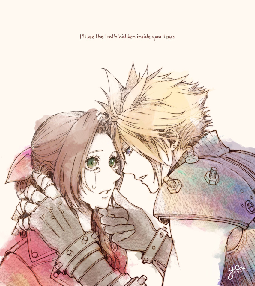 1boy 1girl aerith_gainsborough armor bangs blonde_hair blue_eyes blue_shirt braid braided_ponytail brown_hair cloud_strife couple crying earrings english_text final_fantasy final_fantasy_vii final_fantasy_vii_remake gloves green_eyes hair_between_eyes hair_ribbon hand_on_another's_chin highres jacket jewelry parted_bangs parted_lips red_jacket ribbon shirt shoulder_armor sidelocks single_earring sleeveless sleeveless_turtleneck spiky_hair tears turtleneck upper_body watercolor_effect wavy_hair yco_030601