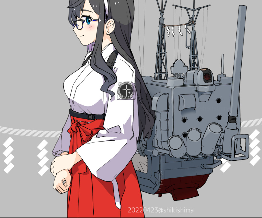 1girl alternate_costume badge black_hair commentary_request cowboy_shot glasses green_eyes grey_background hairband japanese_clothes kantai_collection long_hair machinery miko ooyodo_(kancolle) profile rope semi-rimless_eyewear shikishima_fugen solo under-rim_eyewear