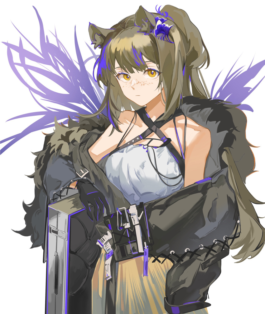 1girl 90_(37032) absurdres animal_ears arknights bare_shoulders black_coat black_gloves brown_hair closed_mouth coat cowboy_shot freckles gloves grey_shirt highres long_hair long_sleeves looking_at_viewer multicolored_hair off_shoulder official_alternate_costume one_side_up open_clothes open_coat orange_eyes purple_hair raccoon_ears robin_(arknights) robin_(gift_of_wild)_(arknights) shirt simple_background skirt solo streaked_hair two-tone_hair very_long_hair white_background yellow_skirt