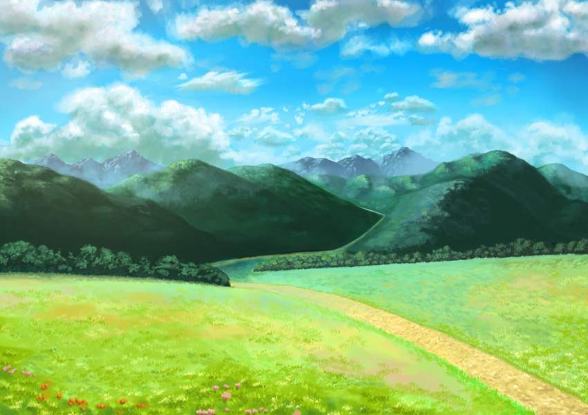 blue_sky clouds commentary_request dirt_road flower grass kanappe915 mountain nature no_humans original outdoors road rural scenery sky