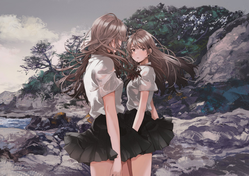 2girls bangs black_skirt blush brown_eyes brown_hair clouds cloudy_sky collared_shirt expressionless fly_(marguerite) highres long_hair looking_at_another multiple_girls original outdoors parted_lips pleated_skirt rock school_uniform shirt short_sleeves skirt sky standing tree white_shirt