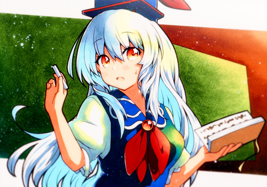 1girl blue_dress blue_hair blurry blush breasts depth_of_field dress eyebrows_visible_through_hair hat highres holding kamishirasawa_keine long_hair looking_at_viewer neckerchief open_mouth puffy_short_sleeves puffy_sleeves qqqrinkappp red_eyes short_sleeves solo touhou upper_body