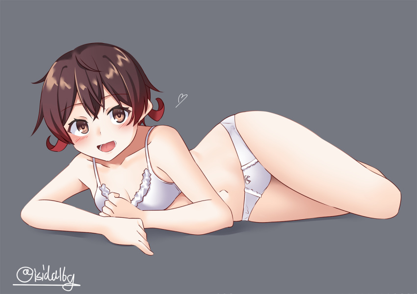1girl blush bra breasts crossed_legs eyebrows_visible_through_hair gradient gradient_background grey_background hair_between_eyes heart ishida_arata kantai_collection looking_at_viewer looking_back lying mutsuki_(kancolle) navel open_mouth panties small_breasts smile solo underwear white_bra white_panties