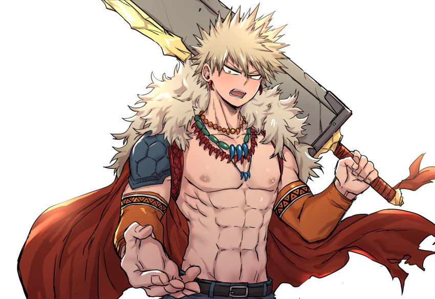 1boy abs bakugou_katsuki bead_necklace beads blonde_hair boku_no_hero_academia cape chiyaya collarbone detached_sleeves earrings fur_collar highres holding holding_sword holding_weapon jewelry male_focus multiple_necklaces muscular muscular_male necklace nipples open_mouth pectorals red_cape solo spiky_hair sword topless_male weapon white_background yellow_eyes