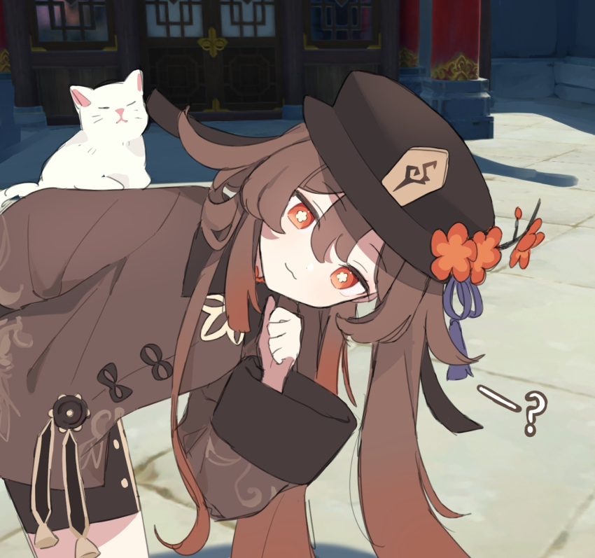 1girl 3d_background :3 ? bangs branch brown_coat brown_hair brown_headwear brown_shorts cat cat_on_person closed_mouth coat commentary_request flower flower-shaped_pupils game_screenshot_background genshin_impact hair_flaps hair_flowing_over hat hat_flower hat_tassel highres hu_tao_(genshin_impact) korean_commentary leaning_to_the_side long_hair long_sleeves peeking_out plum_blossoms red_eyes red_flower shorts sidelocks smile solo symbol-shaped_pupils talisman tassel twintails very_long_hair white_cat yuuli_(tuna221022)