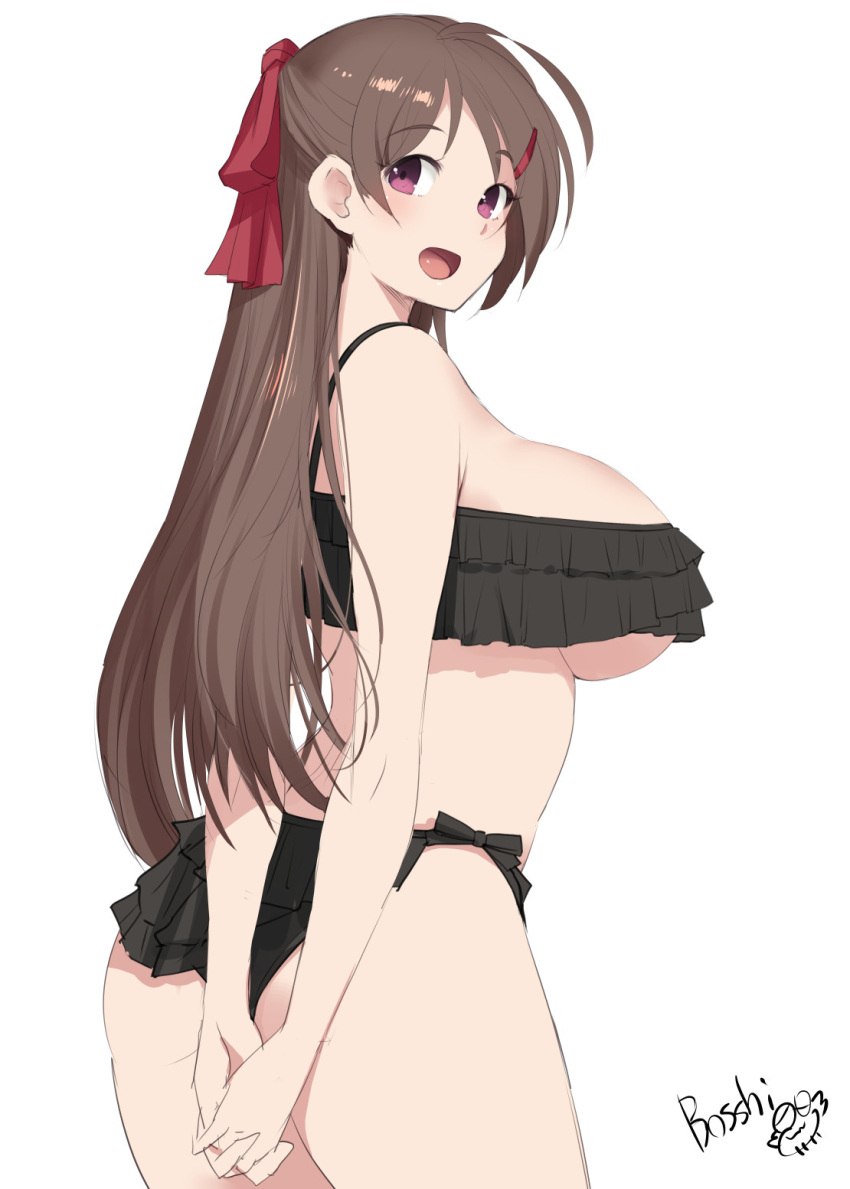 1girl ahoge arms_behind_back ass bikini black_bikini bosshi breasts brown_hair cowboy_shot frilled_bikini frills from_behind hair_ornament hairclip highres huge_breasts kantai_collection long_hair mamiya_(kancolle) red_eyes simple_background solo standing swimsuit white_background