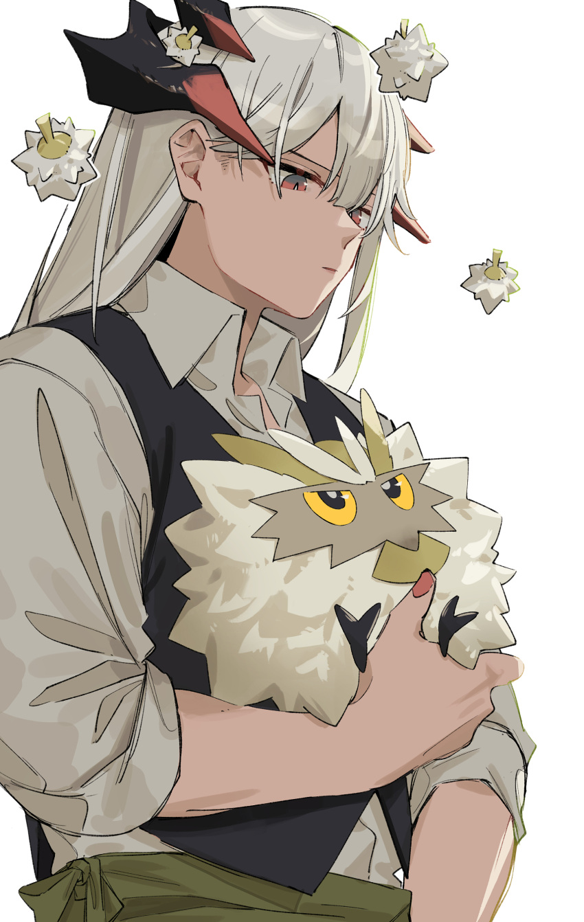 1girl absurdres animal animalization arknights bird black_vest closed_mouth collared_shirt dragon_horns food fruit grey_shirt highres holding holding_animal horns long_hair long_sleeves looking_down looking_up nail_polish owl red_eyes red_nails saria_(arknights) shirt silence_(arknights) silver_hair simple_background upper_body v-shaped_eyebrows vest white_background zy_(zyyyyyyy9)