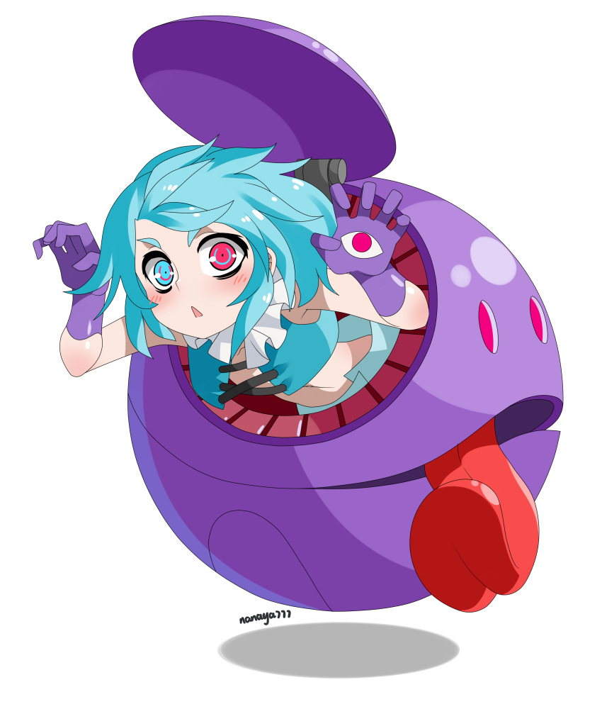 1girl absurdres artist_name bangs blue_eyes blue_hair cross-laced_clothes full_body gloves gundam haro heterochromia highres mecha_musume nanaya777 navel open_mouth purple_gloves red_eyes short_hair simple_background solo tatara_kogasa tongue tongue_out touhou triangle_mouth white_background