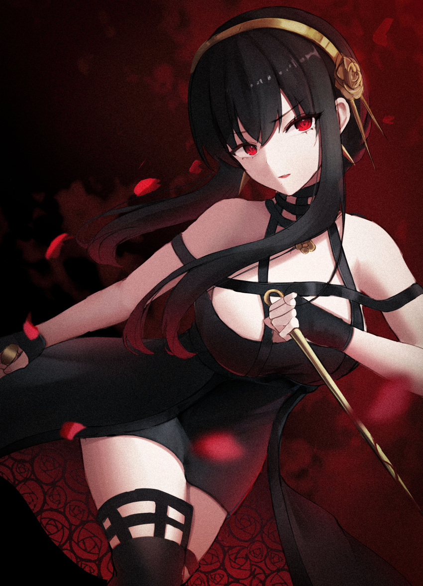 1girl absurdres bangs bare_shoulders black_dress black_gloves black_hair black_legwear blood blood_on_weapon breasts closed_mouth dagger dress dual_wielding earrings eyebrows_visible_through_hair falling_petals fingerless_gloves floating_hair floral_print gloves gold_earrings gold_hairband highres holding holding_dagger holding_weapon hwa_sawa jewelry knife large_breasts long_hair looking_to_the_side off-shoulder_dress off_shoulder petals red_eyes red_lips reverse_grip rose_petals rose_print short_hair_with_long_locks solo spikes spy_x_family thigh-highs two-sided_dress v-shaped_eyebrows weapon yor_briar