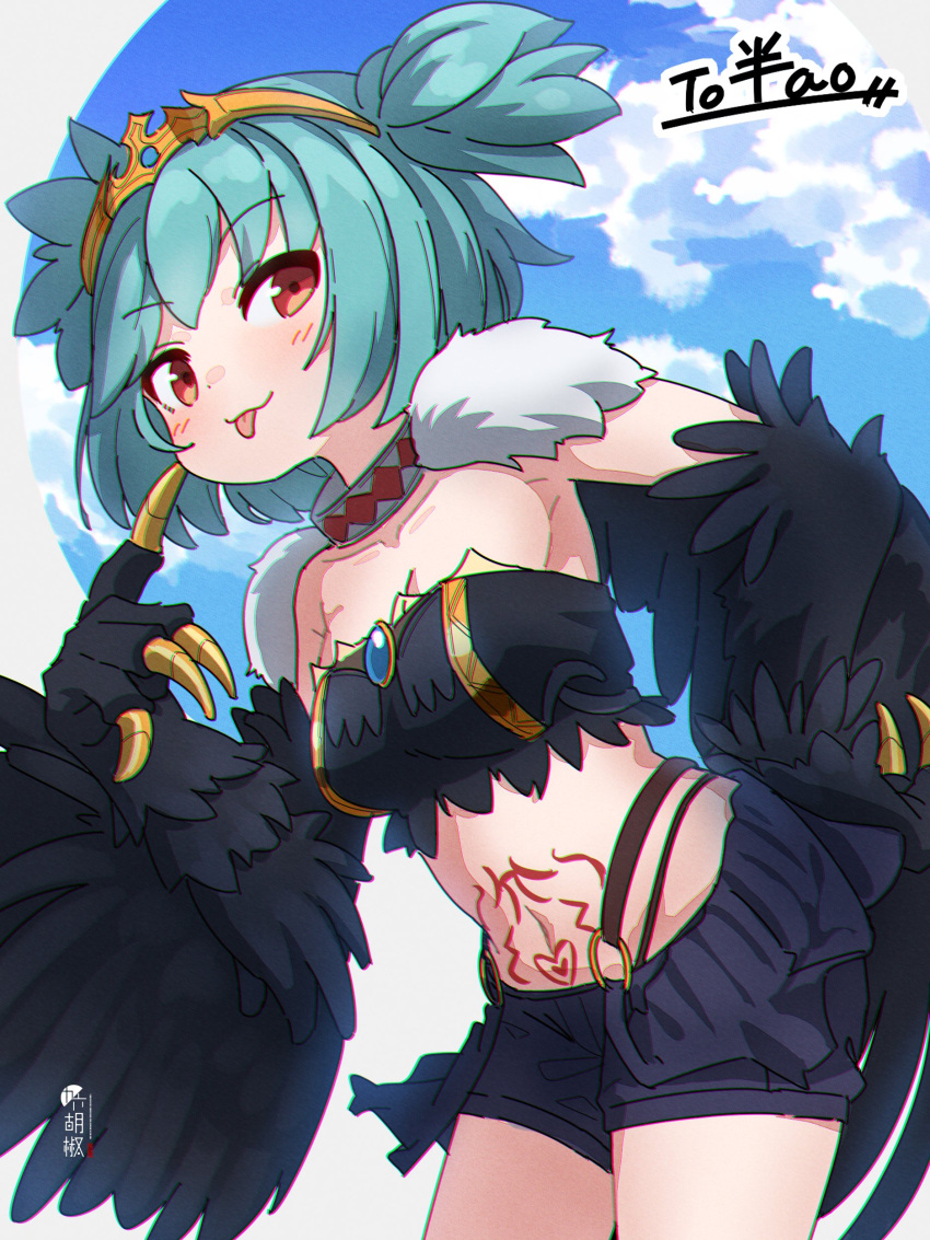 1girl :p absurdres bangs black_shorts black_wings blue_hair blue_sky character_name clouds collarbone commission cowboy_shot feathered_wings feathers fur hand_on_hip harpy highres indie_virtual_youtuber kuro_kosyou leaning_forward lincoro looking_at_viewer monster_girl navel pubic_tattoo short_hair shorts signature skeb_commission sky solo tattoo tongue tongue_out wings