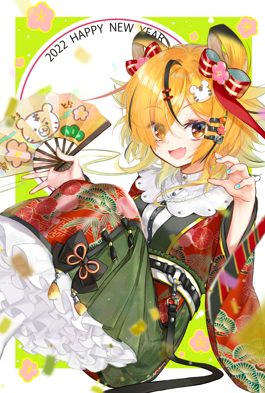 1girl amatou_cacao belt black_bow black_hair blonde_hair blue_nails bow chinese_zodiac eyebrows_visible_through_hair eyes_visible_through_hair fang fingernails floral_print flower folding_fan frills gradient gradient_hair hair_ornament hairclip hand_fan highres holding holding_fan japanese_clothes kimono long_sleeves medium_hair multicolored_hair nengajou new_year o-ring o-ring_belt open_mouth orange_eyes original patterned patterned_clothing pink_flower red_kimono skin_fang smile solo streaked_hair tassel tiger_hair_ornament tongue wide_sleeves year_of_the_tiger