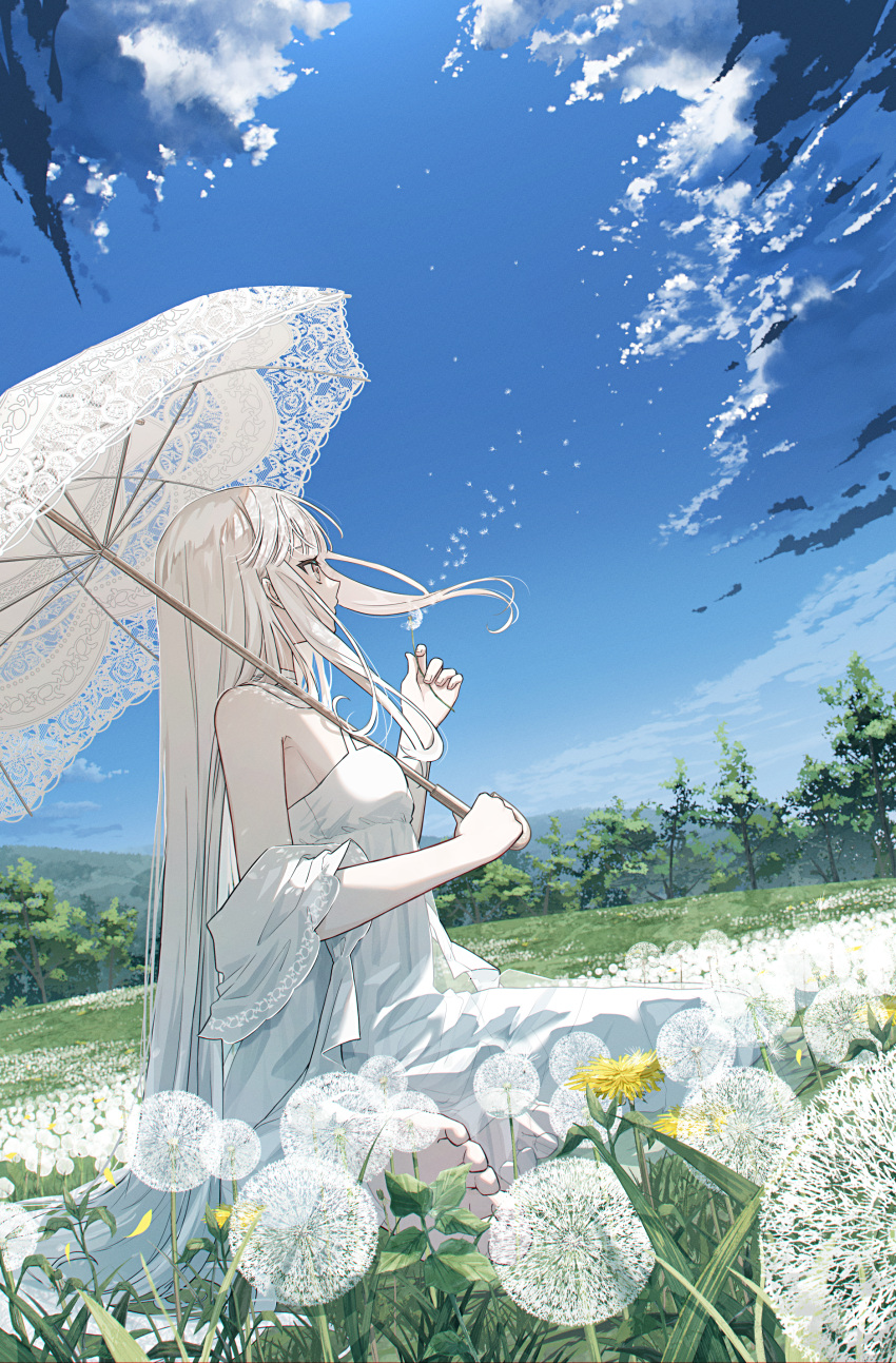 1girl absurdres bangs bare_shoulders barefoot clouds commentary dandelion day detached_sleeves dress flower from_side grass highres holding holding_flower holding_umbrella lace-trimmed_umbrella long_hair looking_afar original outdoors scenery sitting sky solo symbol-only_commentary tngn96 tree umbrella very_long_hair wariza white_dress white_hair yellow_eyes