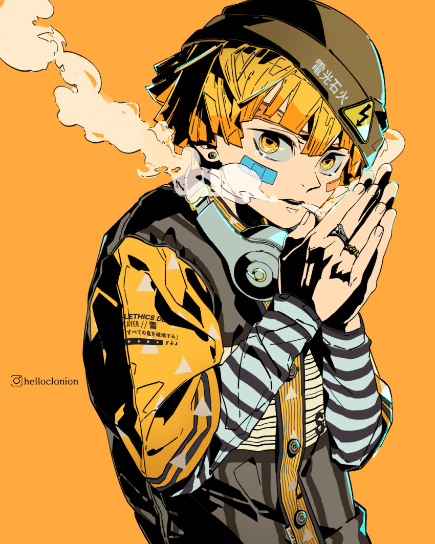 1boy agatsuma_zenitsu bandaid bandaid_on_face blonde_hair clonion earrings headphones headphones_around_neck helmet highres instagram_logo instagram_username jewelry kimetsu_no_yaiba long_sleeves looking_at_viewer male_focus orange_background own_hands_together ring shirt solo steam striped striped_shirt yellow_eyes