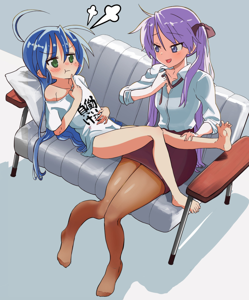 2girls :d :t =3 absurdres ahoge bare_legs barefoot blue_hair blush clothes_writing commentary couch english_commentary eyebrows_visible_through_hair eyes_visible_through_hair feet green_eyes hair_ribbon highres hiiragi_kagami izumi_konata long_hair long_sleeves looking_at_another lucky_star lying moccaexe multiple_girls nose_blush off_shoulder open_mouth pantyhose pillow pointing pointing_at_self pout purple_hair ribbon shirt single_bare_shoulder sitting sleeves_rolled_up smile t-shirt twintails very_long_hair violet_eyes white_shirt you_work_you_lose