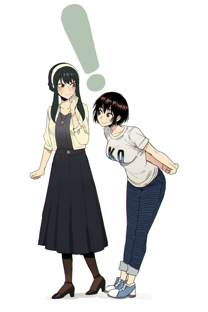 ! 2girls absurdres arm_at_side arms_behind_back ayase_fuuka bare_arms black_hair brown_hair closed_mouth crossover full_body grey_eyes hairband hand_up high_heels highres jacket leaning_forward long_skirt looking_at_another multiple_girls open_clothes open_jacket outstretched_arms own_hands_together pants pantyhose ratatatat74 red_eyes shirt shoes short_hair_with_long_locks short_sleeves sidelocks skirt smile spy_x_family standing t-shirt yor_briar yotsubato!
