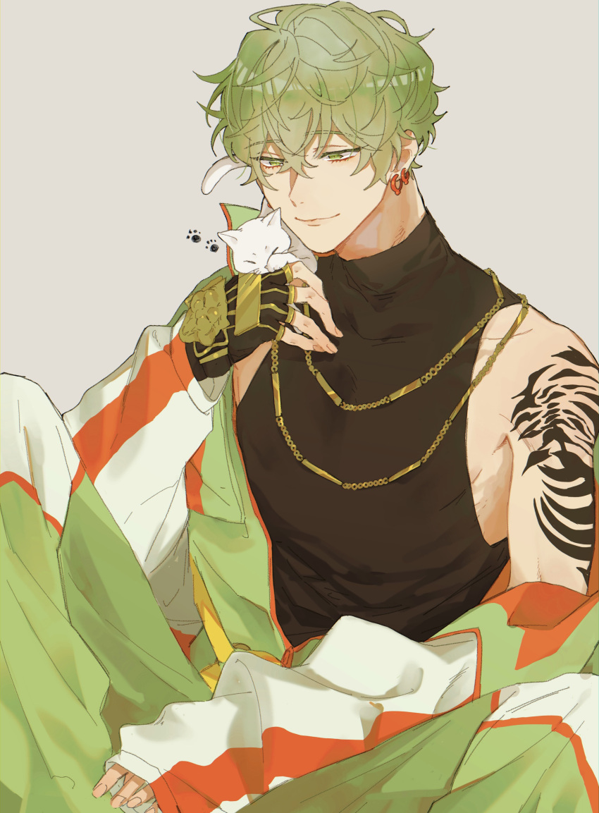 1boy absurdres animal black_shirt butchi cat earrings green_eyes green_hair grey_background highres holding holding_animal jacket jewelry long_sleeves looking_down looking_to_the_side male_focus masaki_hokusai paradox_live shirt short_hair sleeveless sleeveless_shirt smile solo tattoo