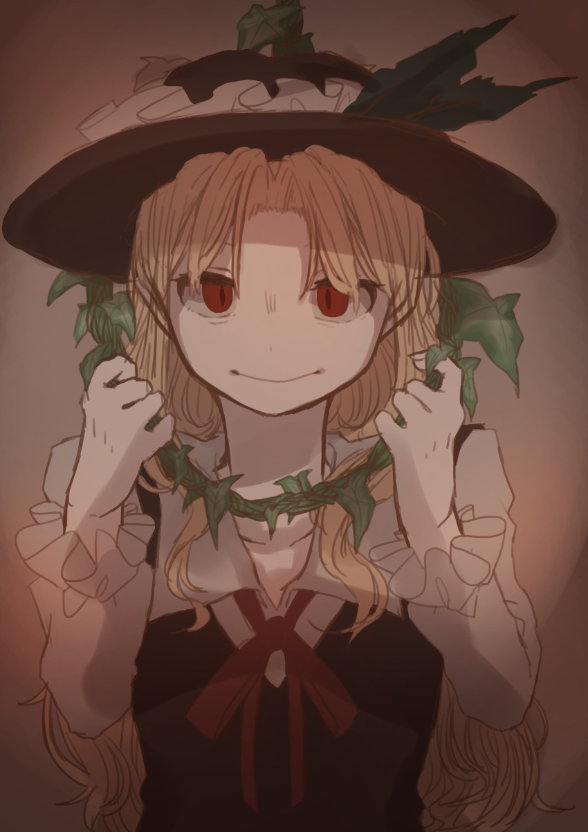 1girl absurdres bangs blonde_hair breasts brown_headwear brown_vest closed_mouth collared_shirt frilled_hat frills hat hat_feather highres jacket_girl_(dipp) laspberry. leaf long_hair long_sleeves looking_at_viewer noose parted_bangs red_eyes shirt sketch small_breasts touhou very_long_hair vest wavy_hair white_shirt