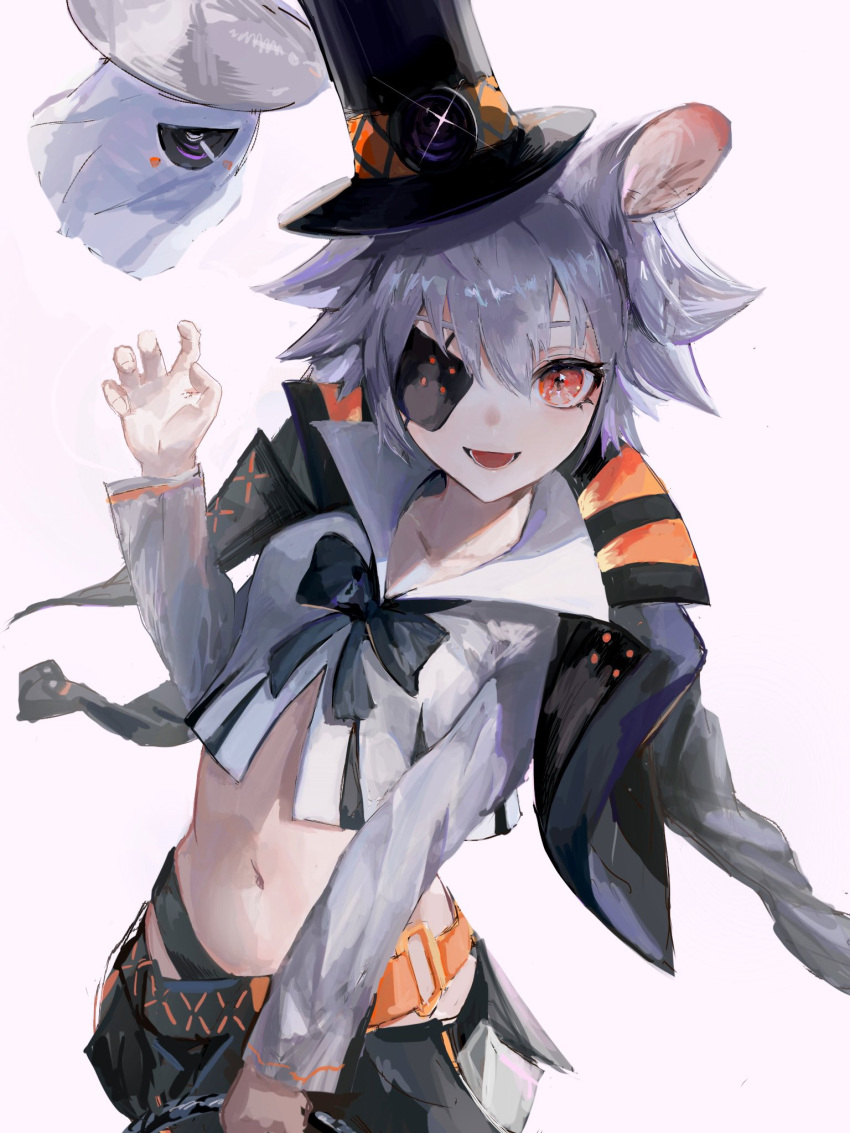 1girl :d animal_ears arknights bangs belt black_bow black_bowtie black_headwear black_jacket black_skirt bow bowtie click_(arknights) click_(grave_thief)_(arknights) collarbone cowboy_shot crop_top cropped_jacket croquette_crab drone eyebrows_visible_through_hair floating glint hat highres jacket jacket_on_shoulders long_sleeves looking_at_viewer midriff miniskirt mouse_ears navel official_alternate_costume one_eye_covered open_mouth red_eyes shirt short_hair silver_hair simple_background skirt smile solo top_hat white_background white_shirt