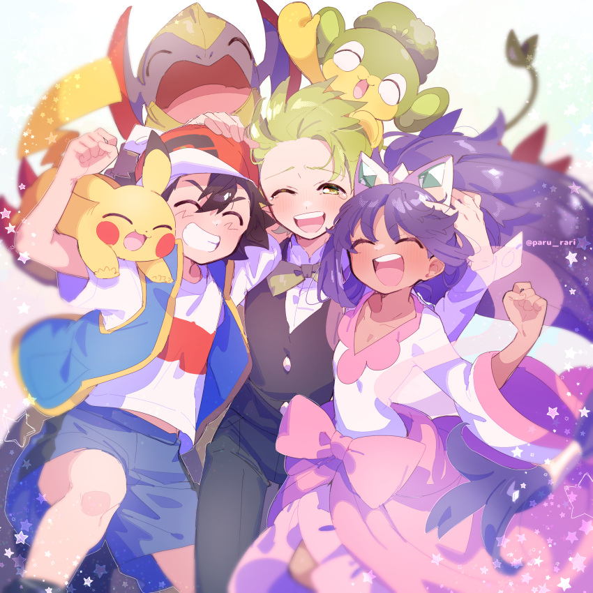 1girl 2boys :d ;d absurdres ash_ketchum bangs black_vest blue_jacket bow bowtie cilan_(pokemon) closed_eyes commentary_request green_bow green_bowtie green_hair grin hat haxorus highres iris_(pokemon) jacket long_hair multiple_boys on_shoulder one_eye_closed open_mouth pansage pants paru_rari pikachu pokemon pokemon_(anime) pokemon_(creature) pokemon_journeys pokemon_on_shoulder purple_hair red_headwear shirt short_hair shorts skirt sleeveless sleeveless_jacket smile star_(symbol) t-shirt teeth tongue upper_teeth vest watermark white_shirt