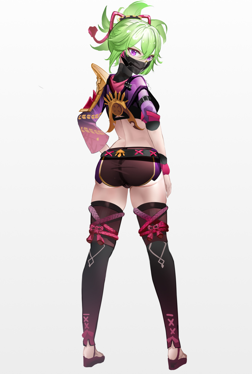 1girl absurdres armor ass black_mask black_shorts cropped_jacket derlyt feet from_behind full_body genshin_impact green_hair hair_ornament hand_on_hip highres jacket kuki_shinobu looking_at_viewer looking_back mask mouth_mask ninja ninja_mask ponytail purple_jacket short_shorts shorts shoulder_armor simple_background solo standing thigh-highs violet_eyes white_background