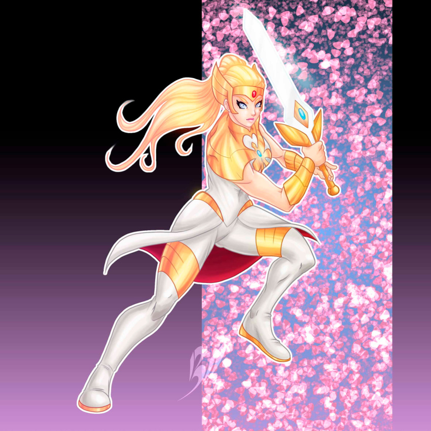 1girl bilcassonato blonde_hair highres holding holding_sword holding_weapon long_hair she-ra she-ra_and_the_princesses_of_power simple_background solo sword weapon