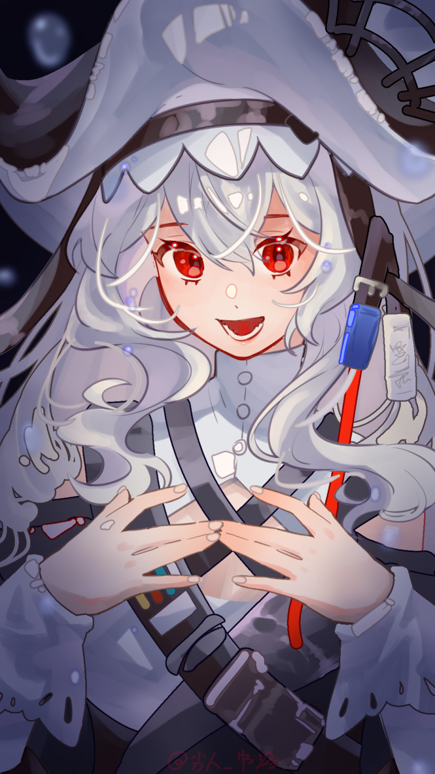 1girl :d air_bubble arknights artist_name bangs black_dress black_headwear bubble dress hands_on_own_chest highres lierenfelon long_hair long_sleeves looking_at_viewer open_mouth red_eyes silver_hair smile solo specter_(arknights) specter_the_unchained_(arknights) two-tone_dress underwater upper_body white_dress