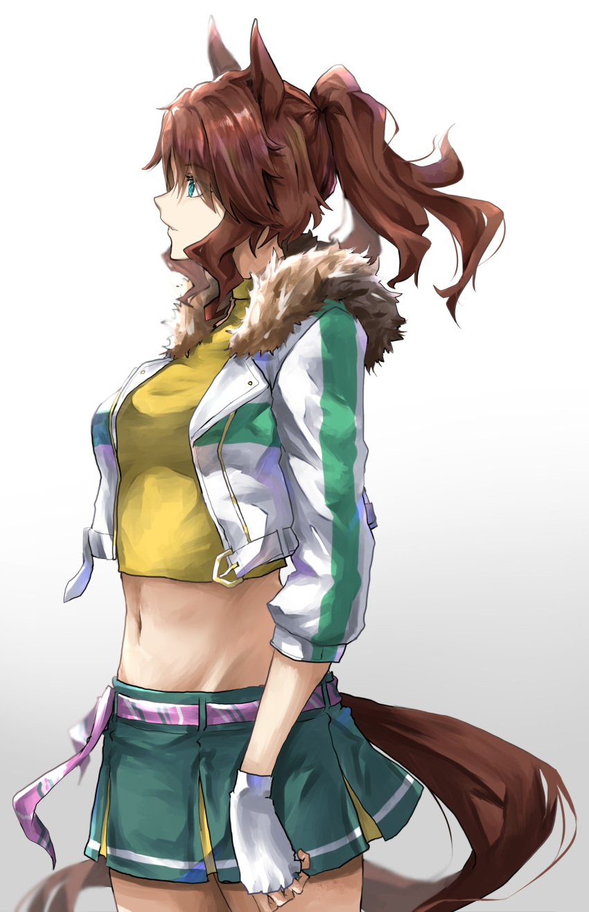 1girl absurdres animal_ears aqua_eyes bangs belt breasts brown_hair commentary_request cowboy_shot crop_top cropped_jacket eyebrows_visible_through_hair fingerless_gloves floating_hair from_side gloves green_skirt groin hair_between_eyes highres horse_ears horse_girl horse_tail jacket long_hair luna_(gkluna_mas) medium_breasts mejiro_palmer_(umamusume) midriff navel open_clothes open_jacket parted_lips pink_belt pleated_skirt ponytail shirt sidelocks simple_background skirt solo standing tail umamusume white_background white_gloves white_jacket yellow_shirt