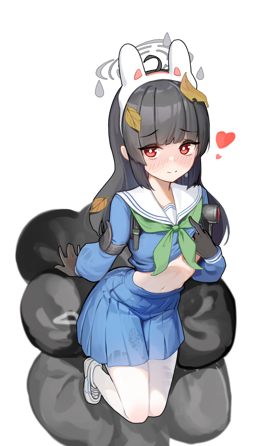 1girl absurdres ahoge arm_support bangs black_gloves black_hair blue_archive blue_serafuku blue_shirt blue_skirt blush closed_mouth clothes_lift commentary_request eyebrows_visible_through_hair full_body gloves green_neckerchief halo headgear heart highres komi_(komiking) lifted_by_self long_sleeves looking_at_viewer miyu_(blue_archive) navel neckerchief nose_blush pantyhose pleated_skirt puffy_long_sleeves puffy_sleeves red_eyes sailor_collar school_uniform serafuku shirt shirt_lift shoes simple_background skirt solo trash_bag white_background white_footwear white_legwear white_sailor_collar