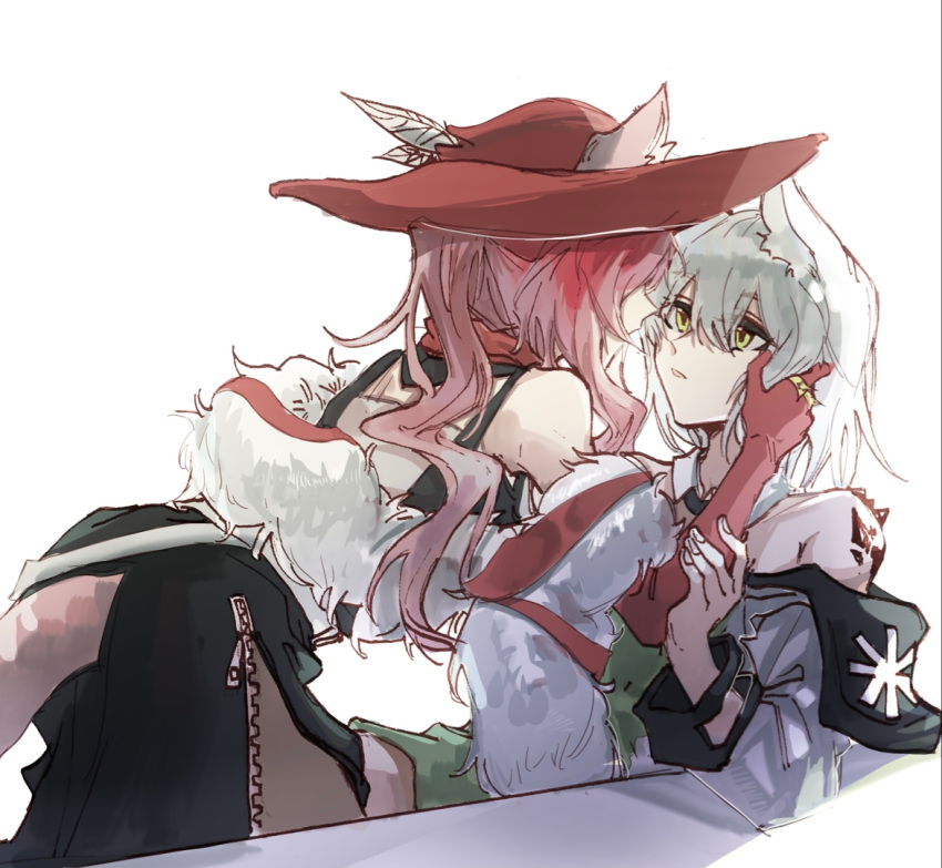 2girls adjusting_another's_hair animal_ears arknights bangs bare_shoulders bent_over black_dress brown_legwear cat_ears cat_girl cat_tail dress e-fa-dorn ears_through_headwear elbow_gloves eye_contact eyebrows_visible_through_hair fur_shawl gloves green_dress green_eyes hair_between_eyes hat_feather heidi_(arknights) jewelry kal'tsit_(arknights) long_sleeves looking_at_another multiple_girls oripathy_lesion_(arknights) pantyhose pelvic_curtain red_gloves red_headwear ring short_hair silver_hair simple_background sitting sleeveless sleeveless_dress standing tail unzipped white_background yuri